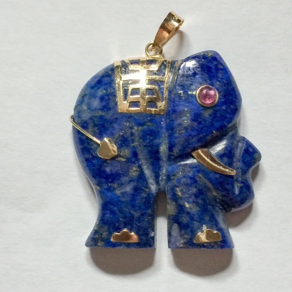 Vintage Jewelry - Vintage Lapis Lazuli Elephant 14K Gold Pendant
